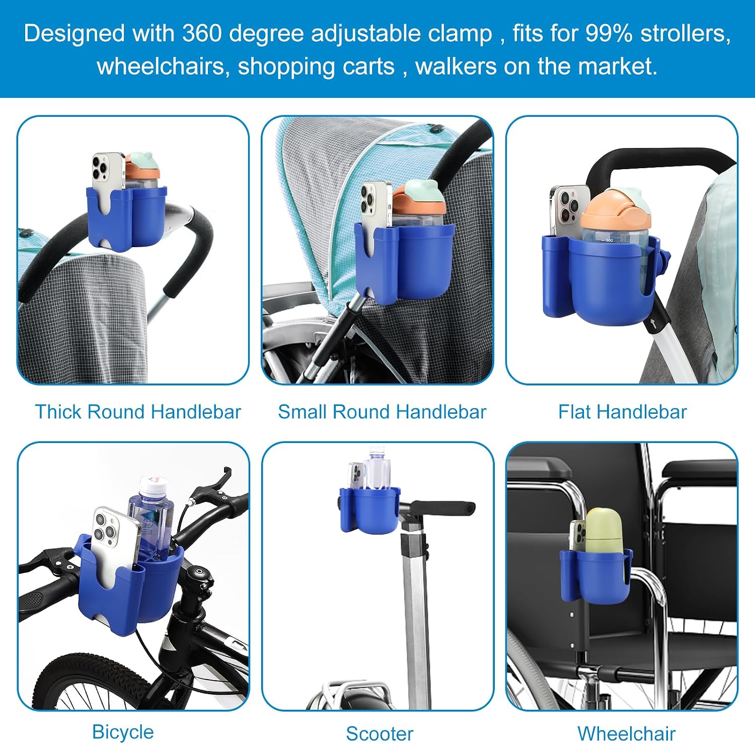 Accmor Stroller Cup Holder with Phone Holder, Bike Cup Holder, Universal Cup Holder for Uppababy Nuna Strollers, 2-in-1 Drinks Holder for Walker
