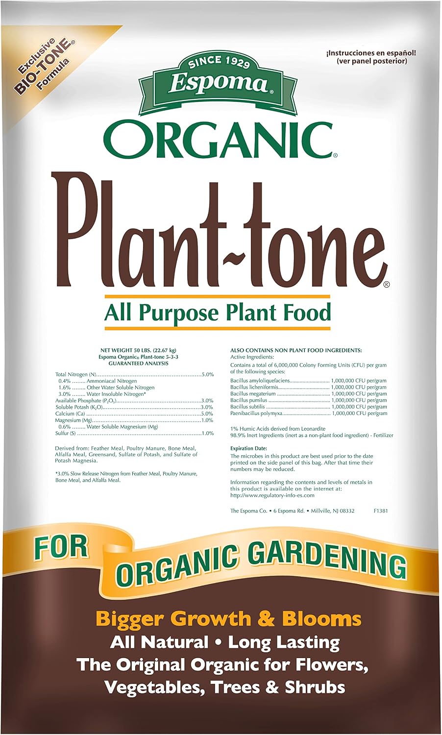 Espoma Organic Plant-Tone 5-3-3 Natural & Organic All Purpose Plant Food, 50 lb. Bag, The Original Organic Fertilizer for All Flowers, Vegetables
