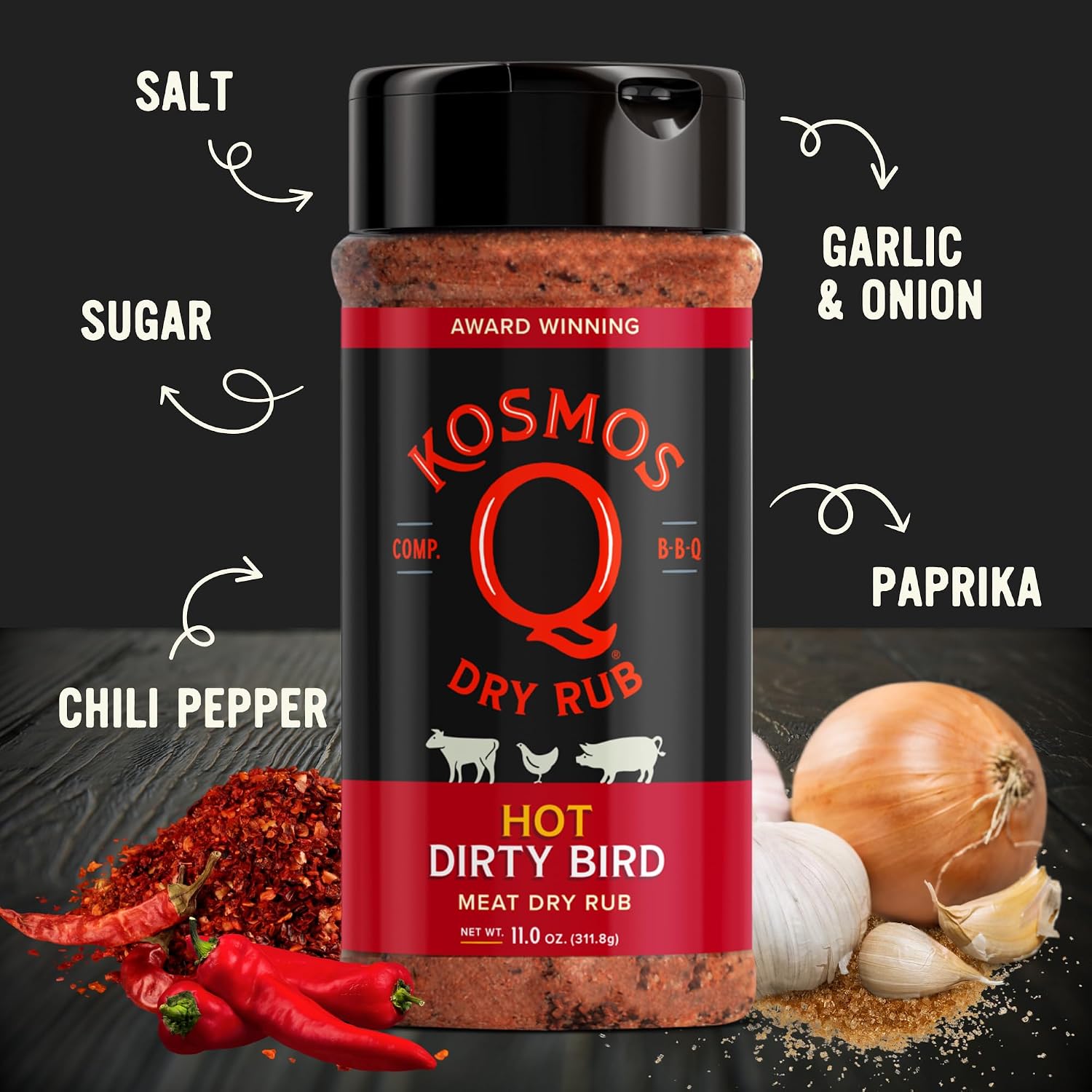 Kosmos Q Hot Dirty Bird BBQ Dry Rub, Spicy Seasoning with Chili Pepper, Brown Sugar, Garlic & Onion for Chicken, Turkey, Ribs, Pork, Dry Rub for Smoking & Grilling Meat, BBQ Spice Blend, 11 Oz Bag