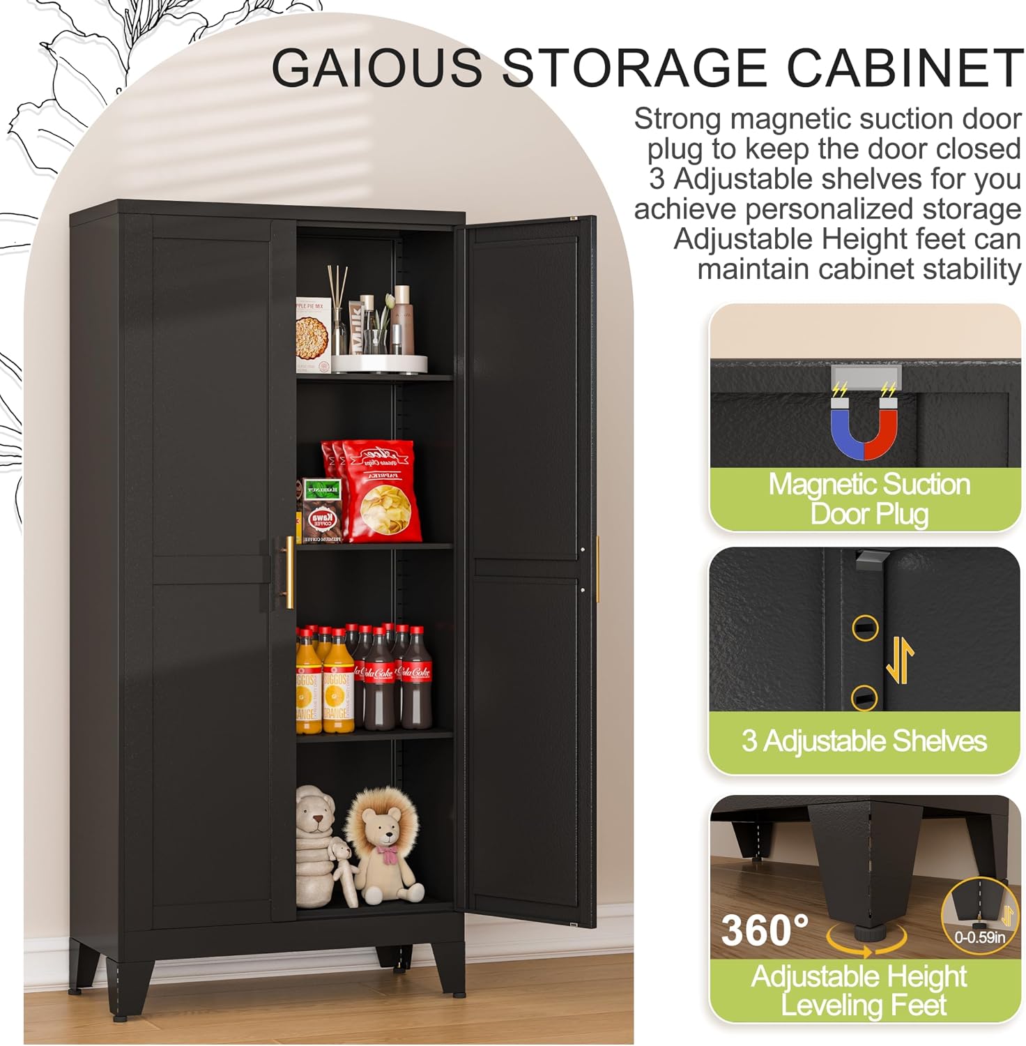 GAIOUS 75.2" Tall Metal Kitchen Pantry Storage Cabinets with 2 Door and 5 Adjustable Shelves, Cupboard for Kitchen, Dining Room, Living Room and Bathroom, White