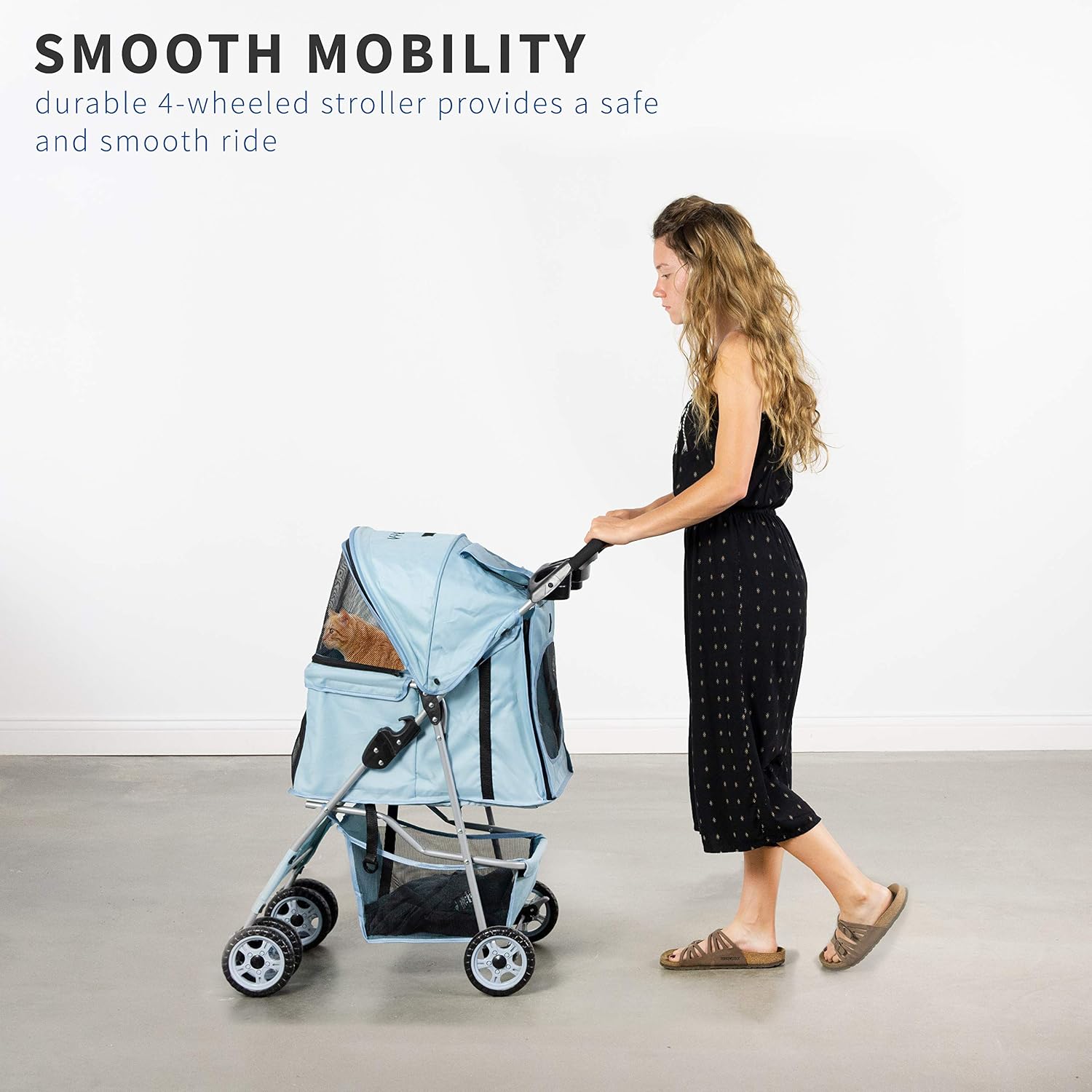 VIVO Black 4 Wheel Pet Stroller for Cat, Dog and More, Foldable Carrier Strolling Cart, STROLR-V001K
