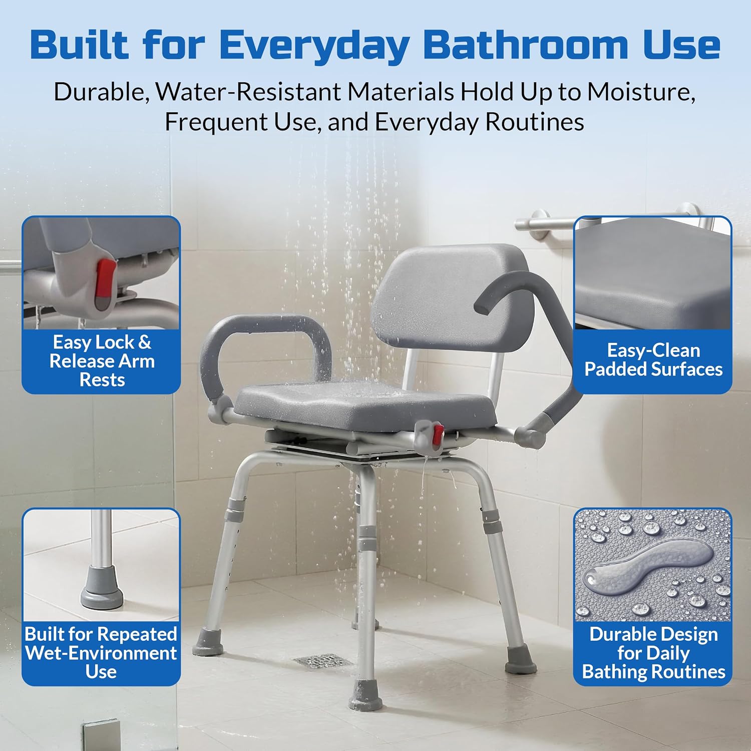 Swival Shower Chair with Padded seat for Inside ShowerFor Senior, Bath Seat | Sit Securely While Bathing - Blue, padded seat, padded armrests, swivel seat, tool-free assembly, 600 lb