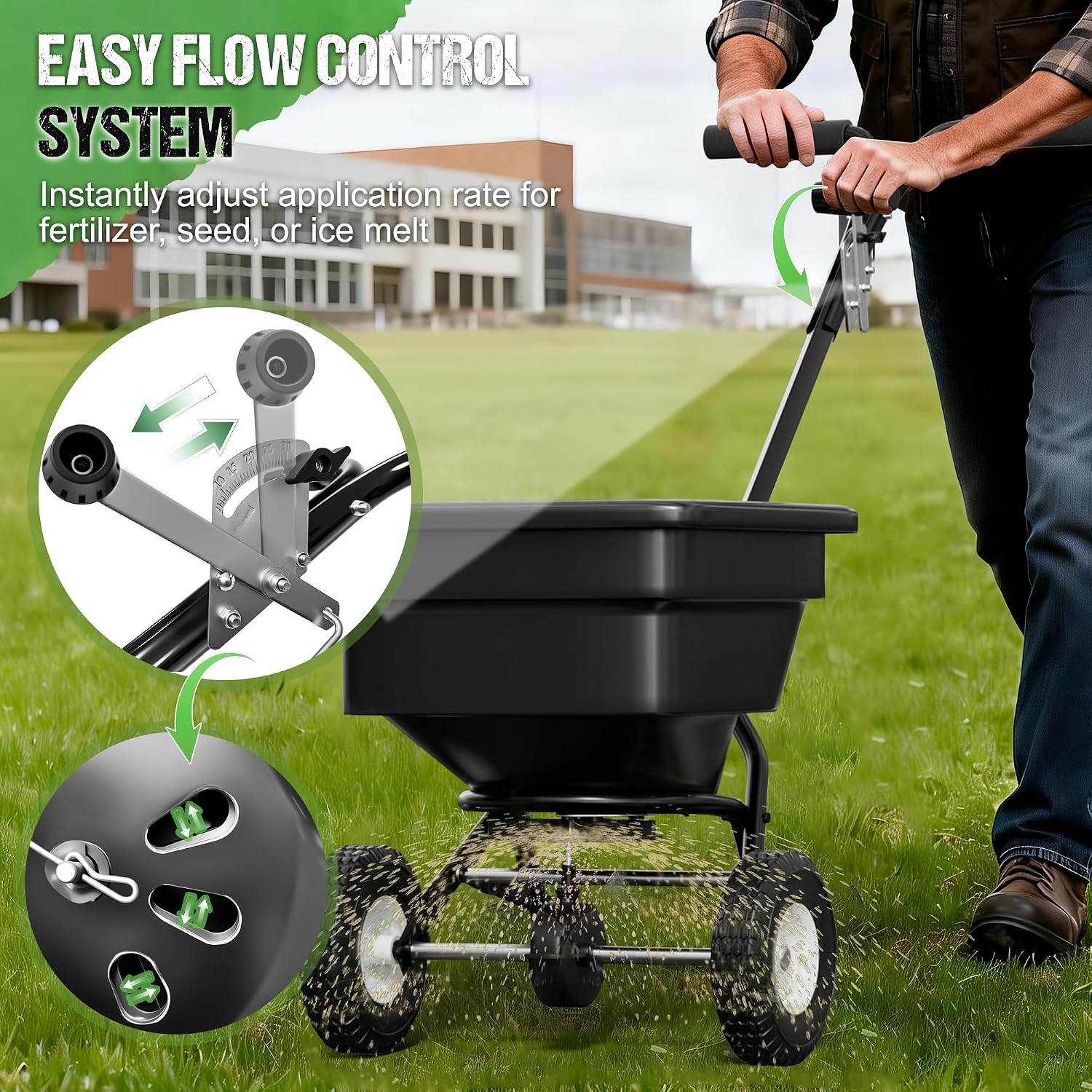 PPOLB Broadcast Spreader for Lawns, 50LB Fertilizer Spreader with 30-Level Flow Control, Walk Behind Lawn Seed & Salt Spreader, 0–10FT Coverage, Hopper Screen, Rain Cover, 12" Pneumatic Wheels