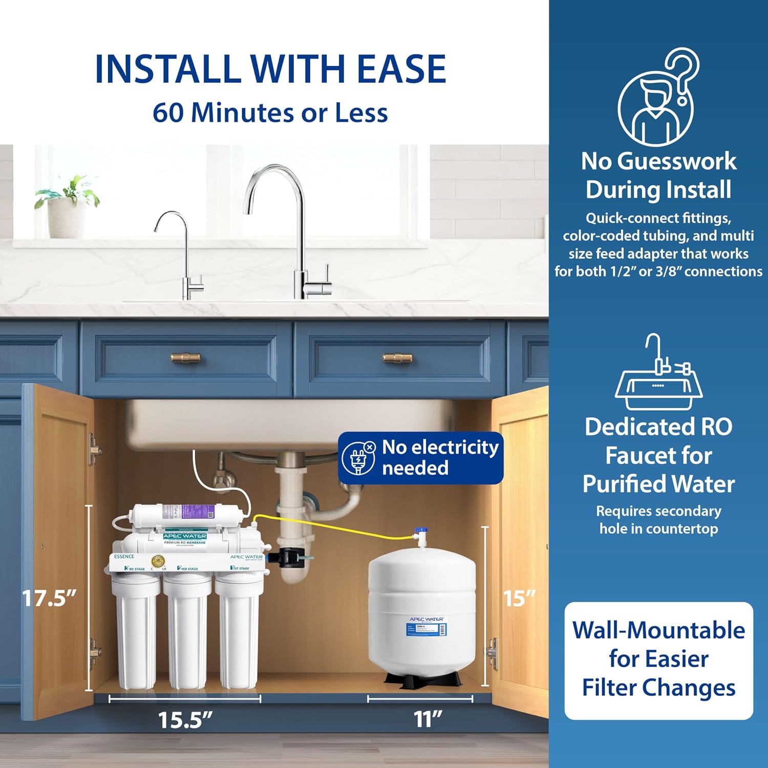 APEC Water ROES-50, 5-Stage Under Sink Reverse Osmosis System, 50 GPD | NSF Certified 372 & 58, Reduces 99% of Impurities, DIY Installation