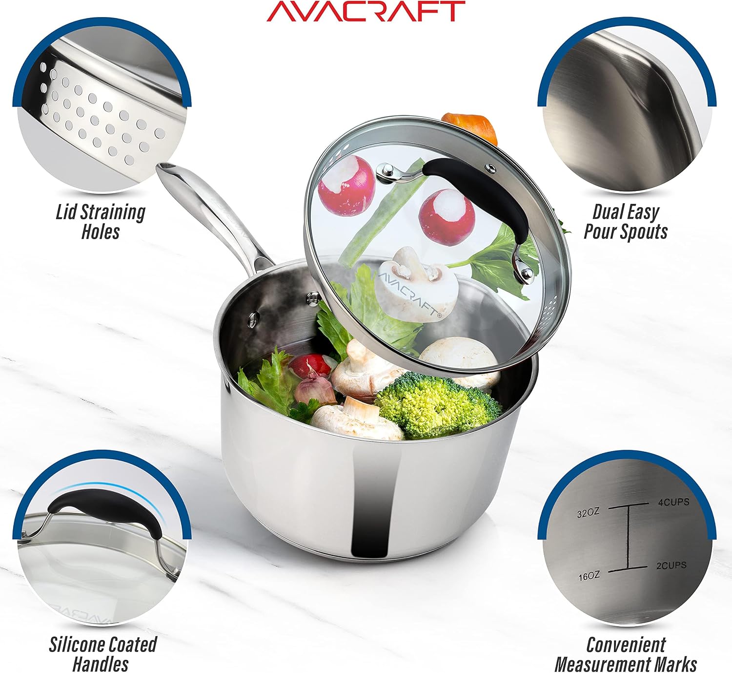 AVACRAFT 2.5 Quart Stainless Steel Saucepan with Glass Strainer Lid | 18/10 Stainless Steel, 5-Ply Capsule Base, Dual Pour Spouts, Induction Compatible, Ergonomic Handle, Dishwasher Safe