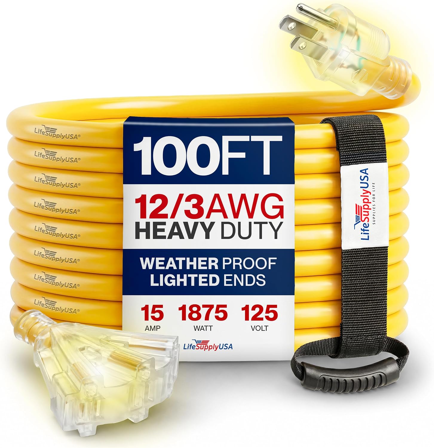 25ft Outdoor/Indoor Extension Cord 3-Outlet 12/3 Gauge Extra Heavy Duty 3 Prong SJTW, Waterproof, Flexible Cold-Resistant Long Power Cord,15A 125V 1875W, Yellow by LifeSupplyUSA