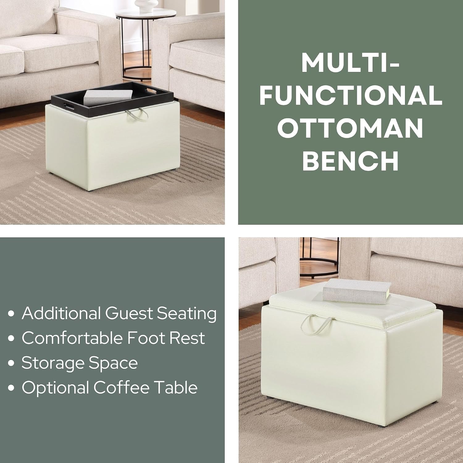 Convenience Concepts Designs4Comfort Accent Storage Ottoman 22.75" - Modern Foot Stool with Decorative Tray for Living Room, Dining Room, Office, Blue Faux Leather