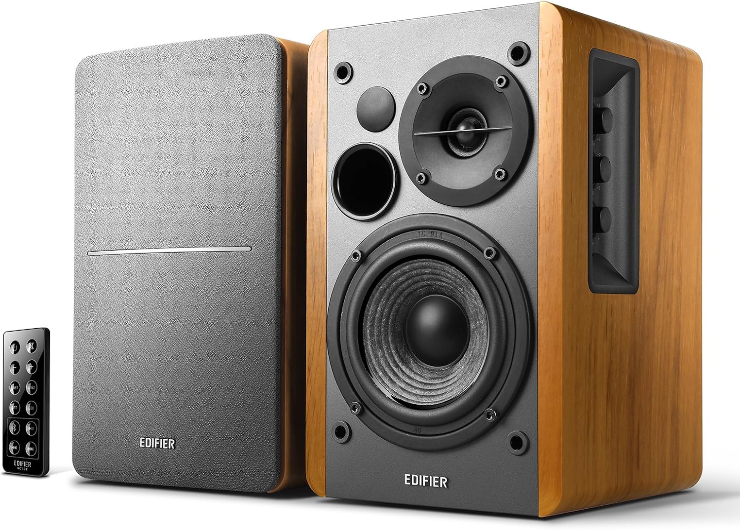 Edifier R1280DB Powered Bluetooth Bookshelf Speakers - Optical Input - Wireless Studio Monitors - 4 Inch Near Field Speaker - 42W RMS - Wood Grain (Black)