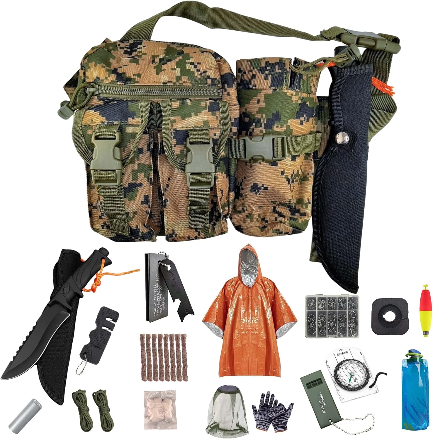 Camping Survival Kit, All in One Outdoor Emergency Gear with Knife, Fire Starter, Fishing Kit, Water Pouch & Compass for Hiking Backpacking Bushcraft Gift for Him