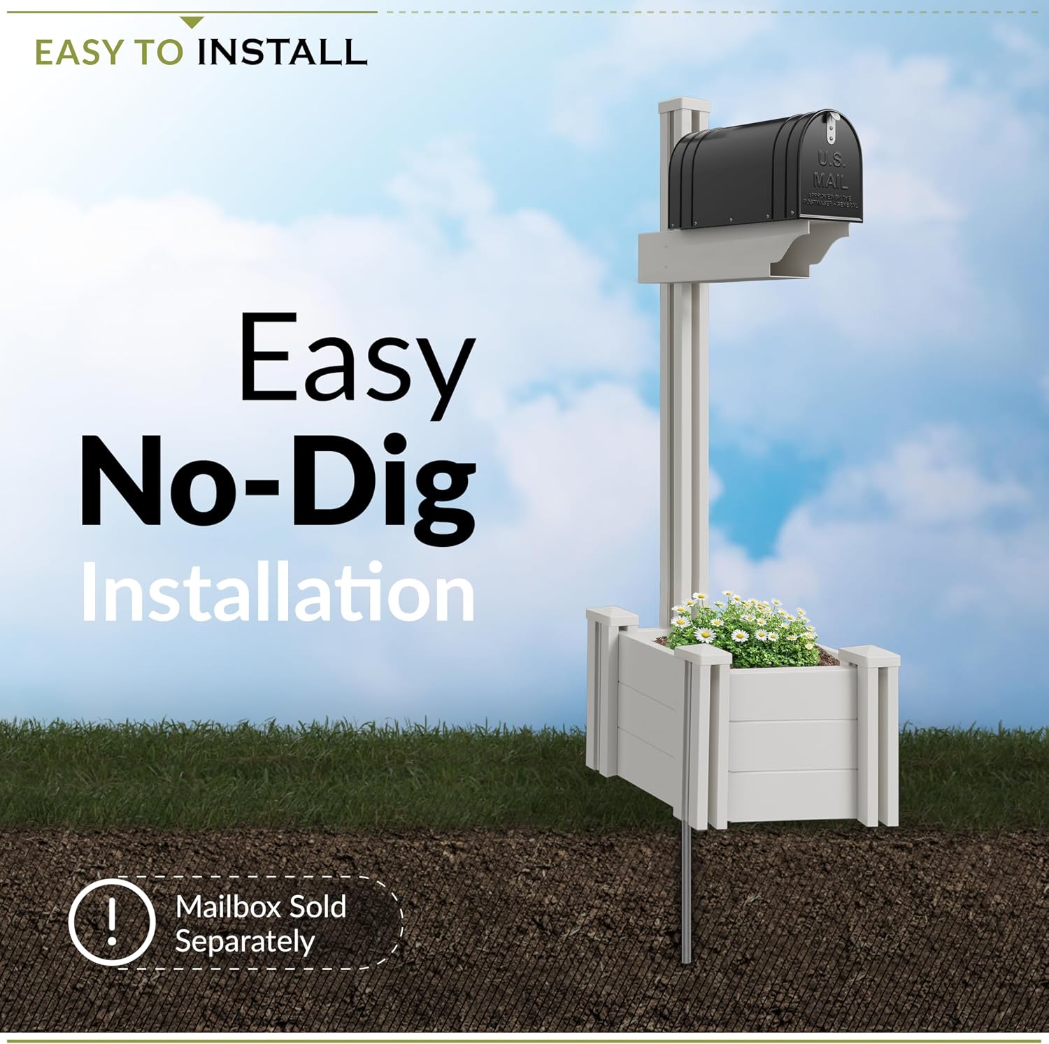 Zippity Majestic Mailbox Post w/Planter Box, White Vinyl DIY No Dig Kit | 1 Post + Planter Box, Mailbox Sold Separately, ZP19027