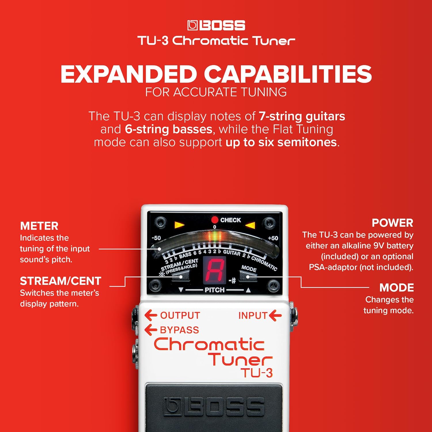 BOSS TU-3 Compact Chromatic Tuner | Perfect for Guitar & Bass | Industry-Standard Performance | Tank-Tough BOSS Stompbox Body | 21-Segment LED Meter