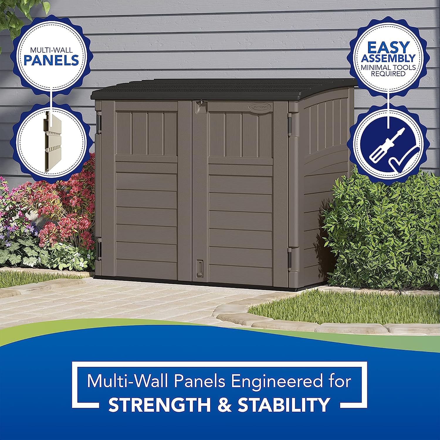 Suncast 34 Cu Ft Horizontal Storage Shed, Resin, Lockable, Stoney Black