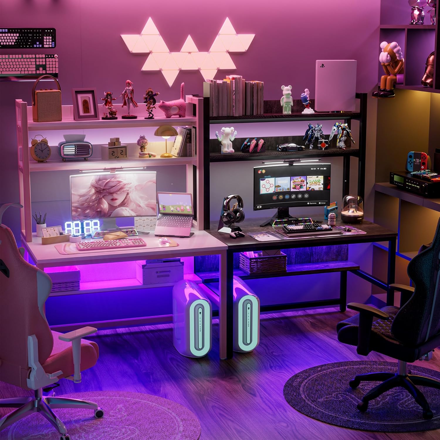 Aquzee Computer Desk with Shelves, 47" W x 23.6" D Gaming Desk with Hutch and Bookshelf