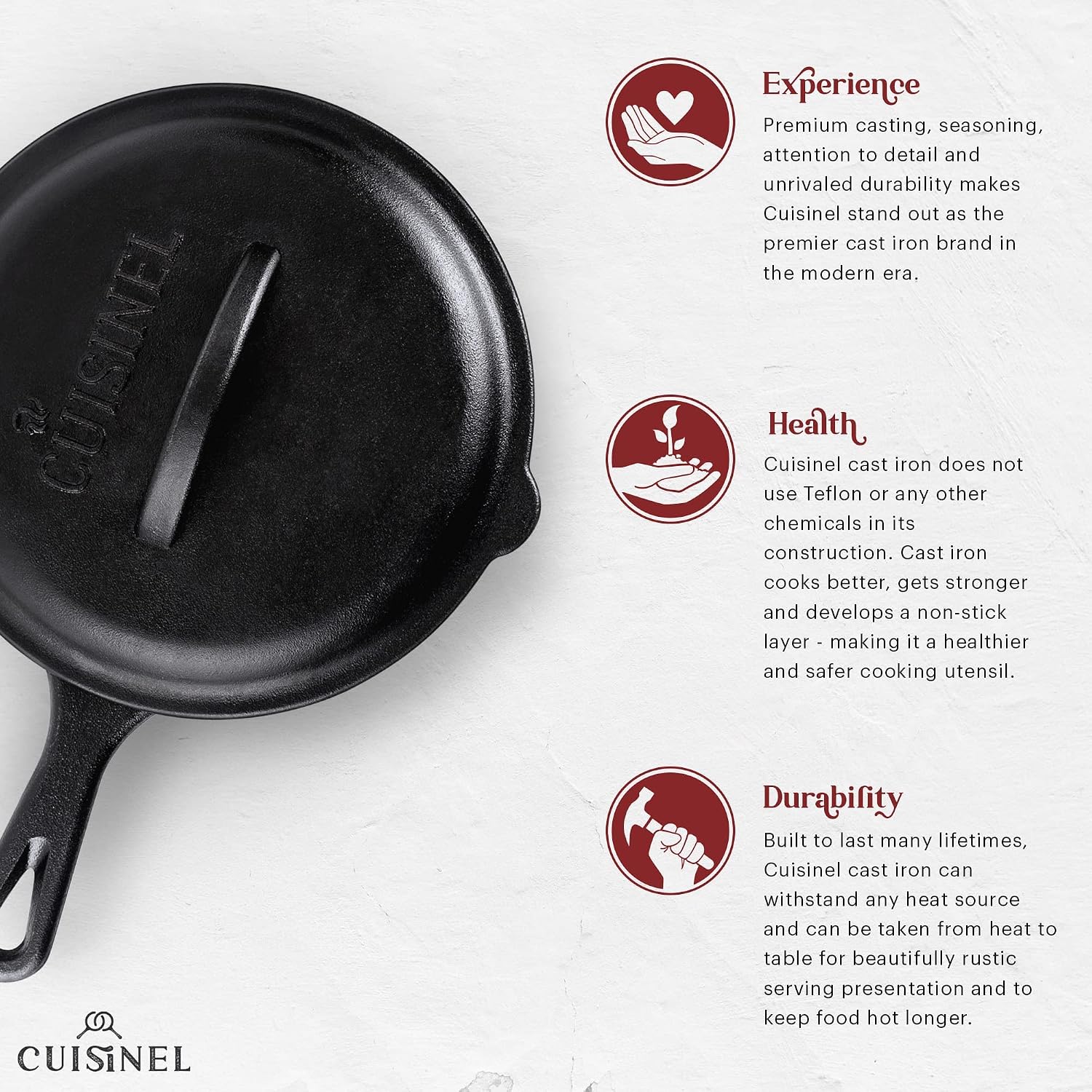 Cast Iron Skillet - 10"-Inch Frying Pan with Pour Spouts + Pan Scraper + Silicone Grip Handle Cover Holder - Pre-Seasoned Oven Cookware - Indoor/Outdoor Use - Stovetop, Induction. PFAS and PFOA-free