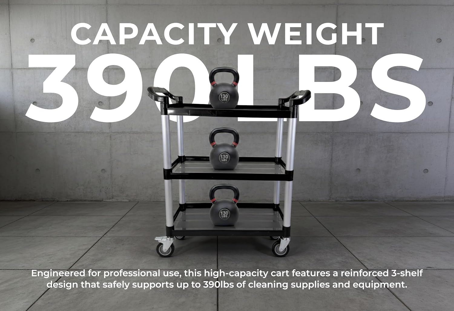 Commercial 3-Shelf Rolling Service Utility Cart | Capacity 390 lbs. | 37" x 34" x 16" | Black