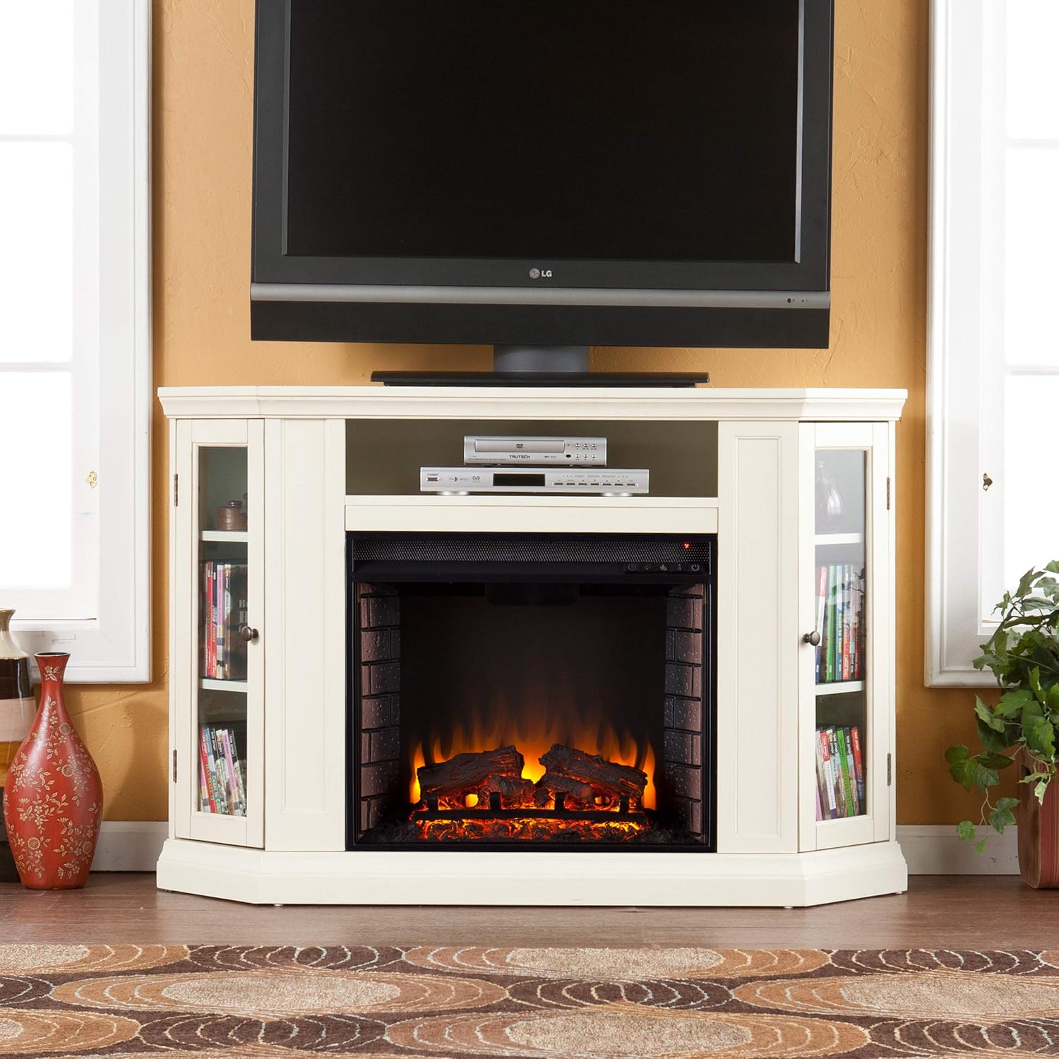 SEI Furniture Claremont Convertible Corner Electric Fireplace Media Stand with Storage, Black