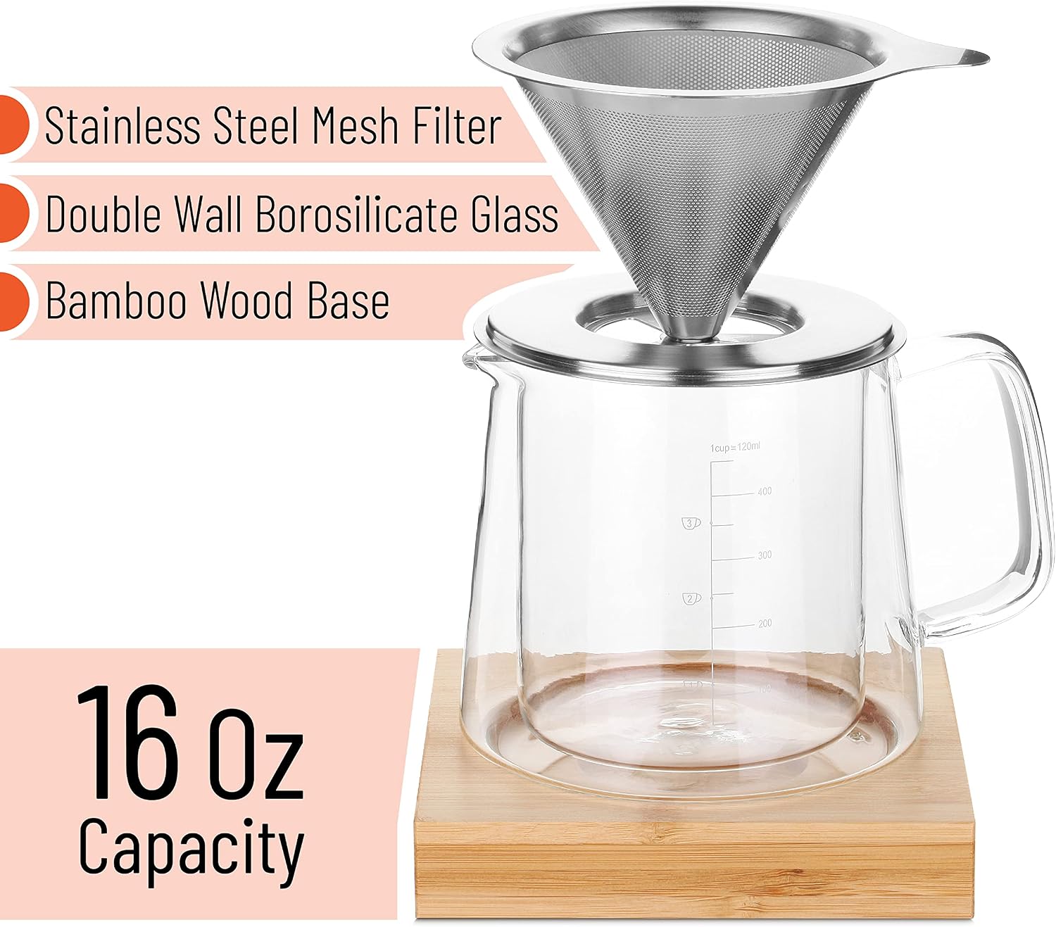 Brew To A Tea BTaT- Pour Over Coffee Maker Set, Double Wall Glass, 16 oz, Drip Coffee Maker Pour Over, Permanent Filter