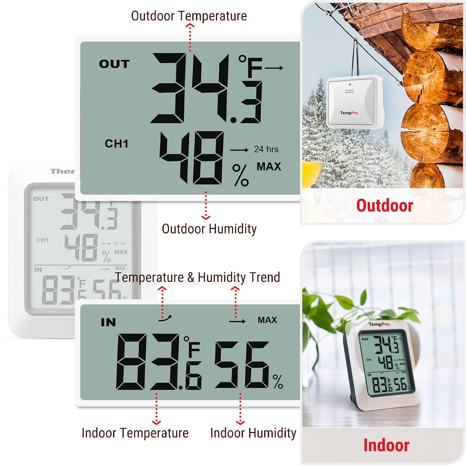 TempPro TempAir 500 FT Indoor Outdoor Thermometer Wireless with Sensor | Large LCD Display, No Hub or App Required, Outside Thermometer & Cold-Resistant Sensor for Patio (Previously ThermoPro)