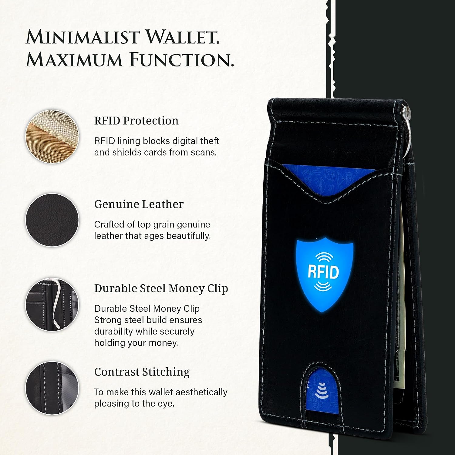 Genuine Bison Leather Wallet for Men, RFID Slim, Brown | Genuine bison leather wallet for men with RFID blocking and curved front pocket fit. Rugged slim everyday carry, brown.