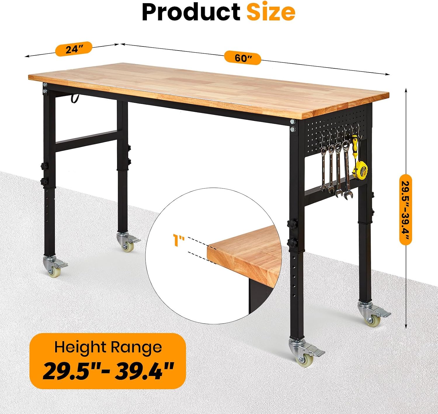 48" Adjustable Workbench, 8-Level Height Adjustable Rolling Work Table with Casters & Scale, Sit & Stand 2-in-1 Garage Tool Table with Pegboard & Hooks, for Workshop, Warehouse, DIY Projects