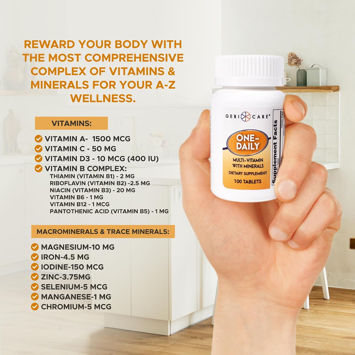 One-Daily Multivitamins with Minerals for Men & Women (100 Tablets) by GeriCare| High-Potency Multi-Vitamin & Multimineral Dietary Supplement for Immunity, Energy| Complete Daily Nutritional Support