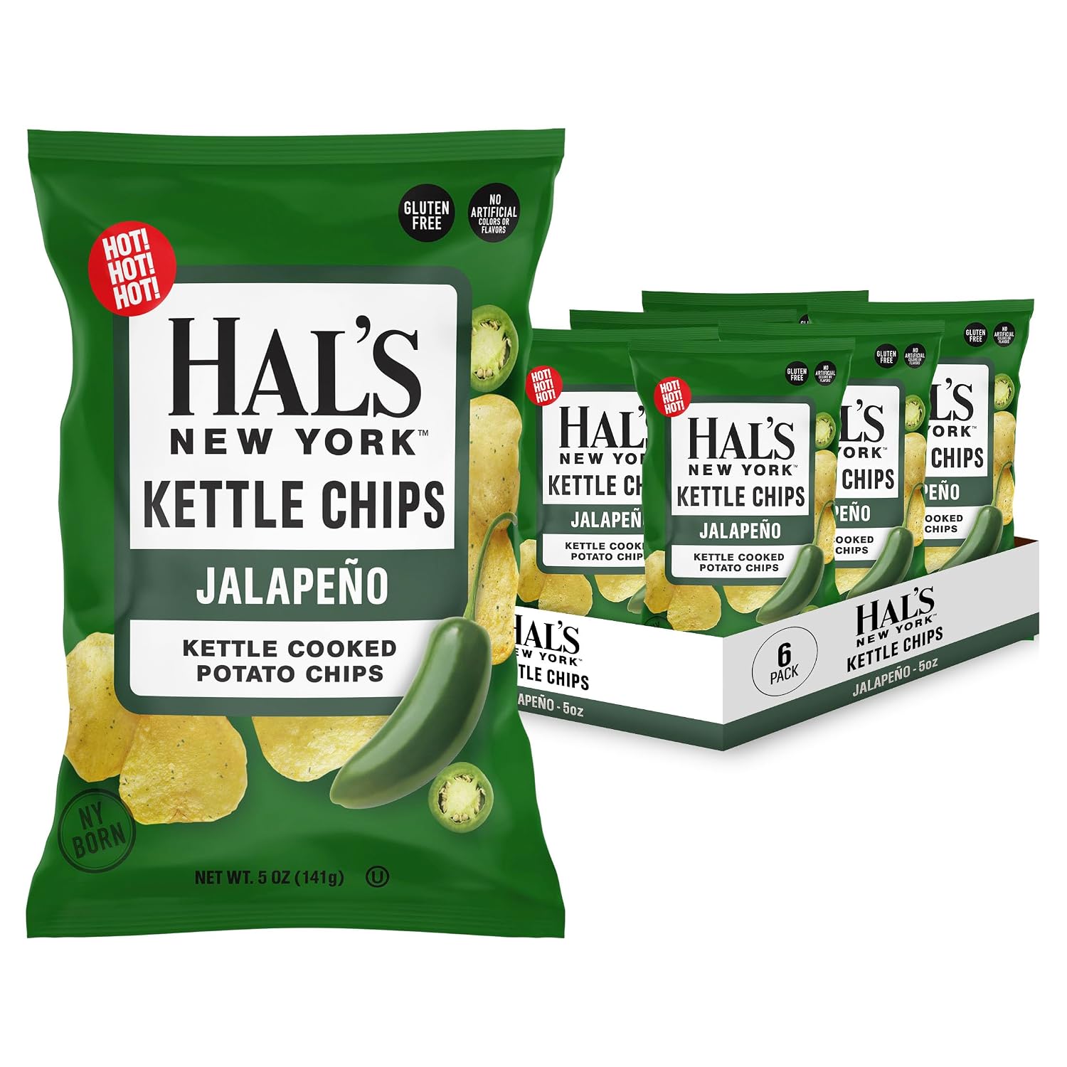 Hal's New York Kettle Cooked Potato Chips, Jalapeño, 5 Oz (Pack of 6)