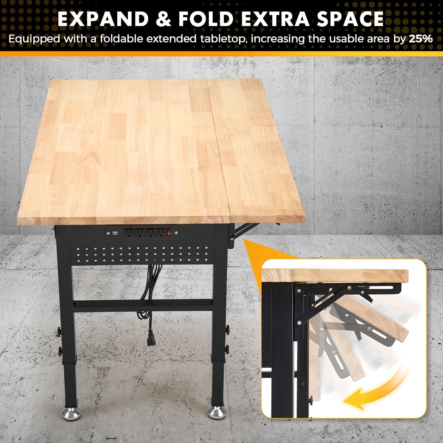48" Adjustable Rubberwood Workbench with Foldable Extension Board & Power Outlet, Extra Large 48x32In 9-Level Height 27"-37", 2000 LBS Heavy Duty for Workshop Garage Office Home