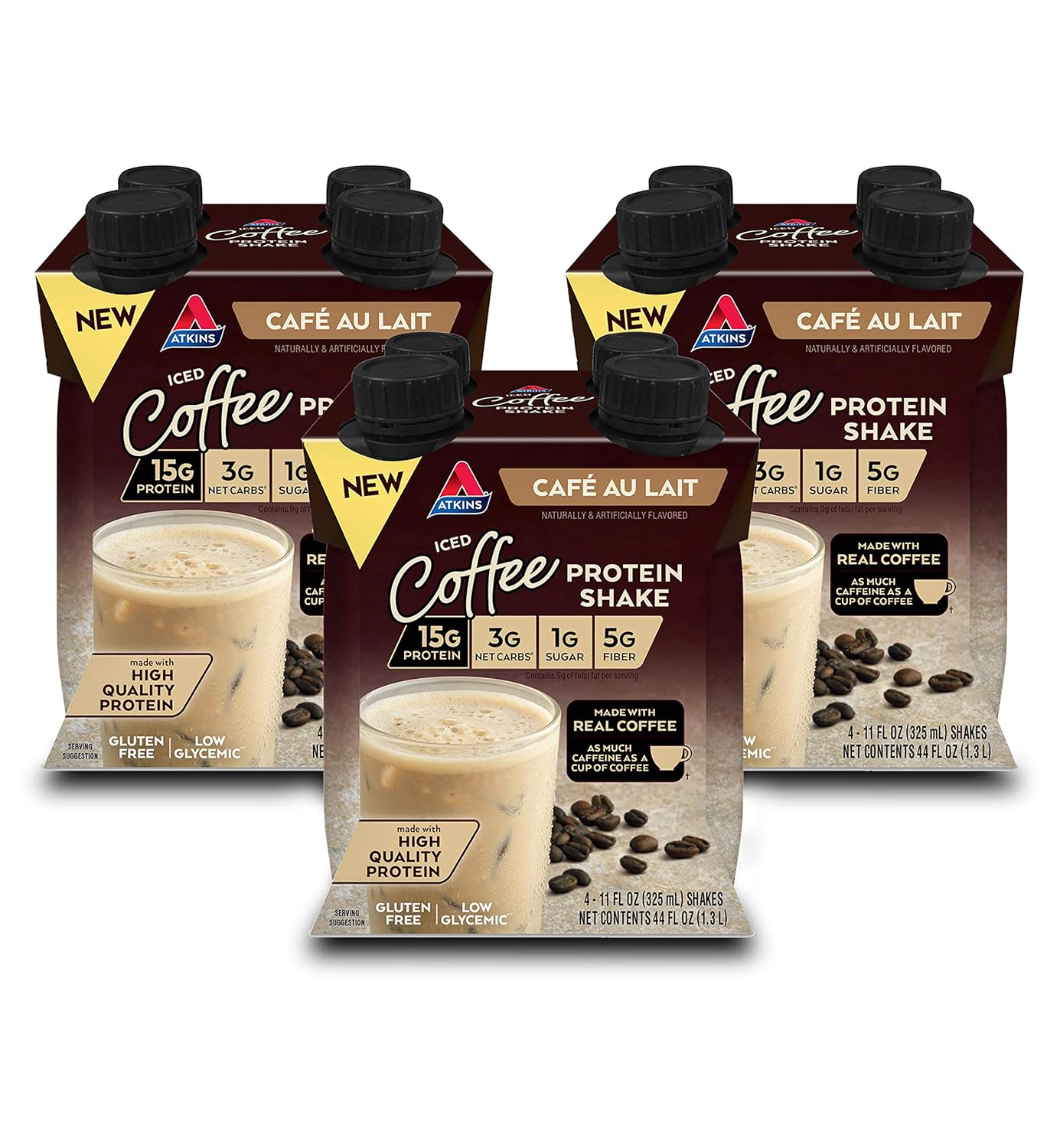 Atkins Café au Lait Iced Coffee Flavored High Protein Shake, Low Sugar and Low Carb, Keto Friendly, Ready to Drink Protein Drink, Gluten Free