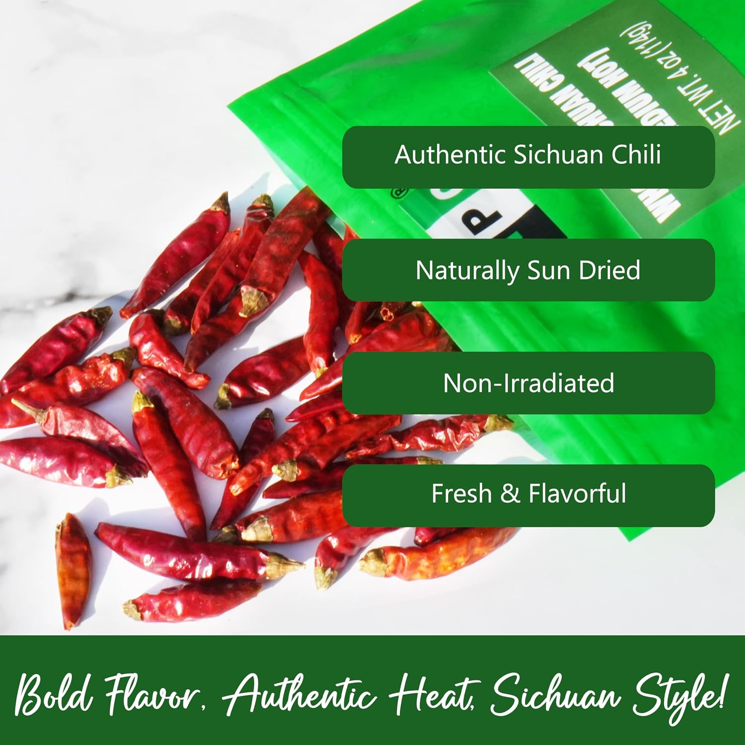 NPG Sichuan Dried Red Chili Peppers 4 Oz, Mild Hot, Whole Chili Peppers