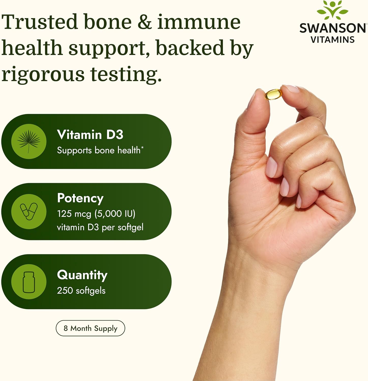 Swanson Vitamin D3 5,000 IU, 125 mcg Cholecalciferol, 250 Softgels | For Sun-Deprived Adults Seeking Bone, Immune, and Heart Support, 125 mcg Cholecalciferol, the Active Vitamin D3