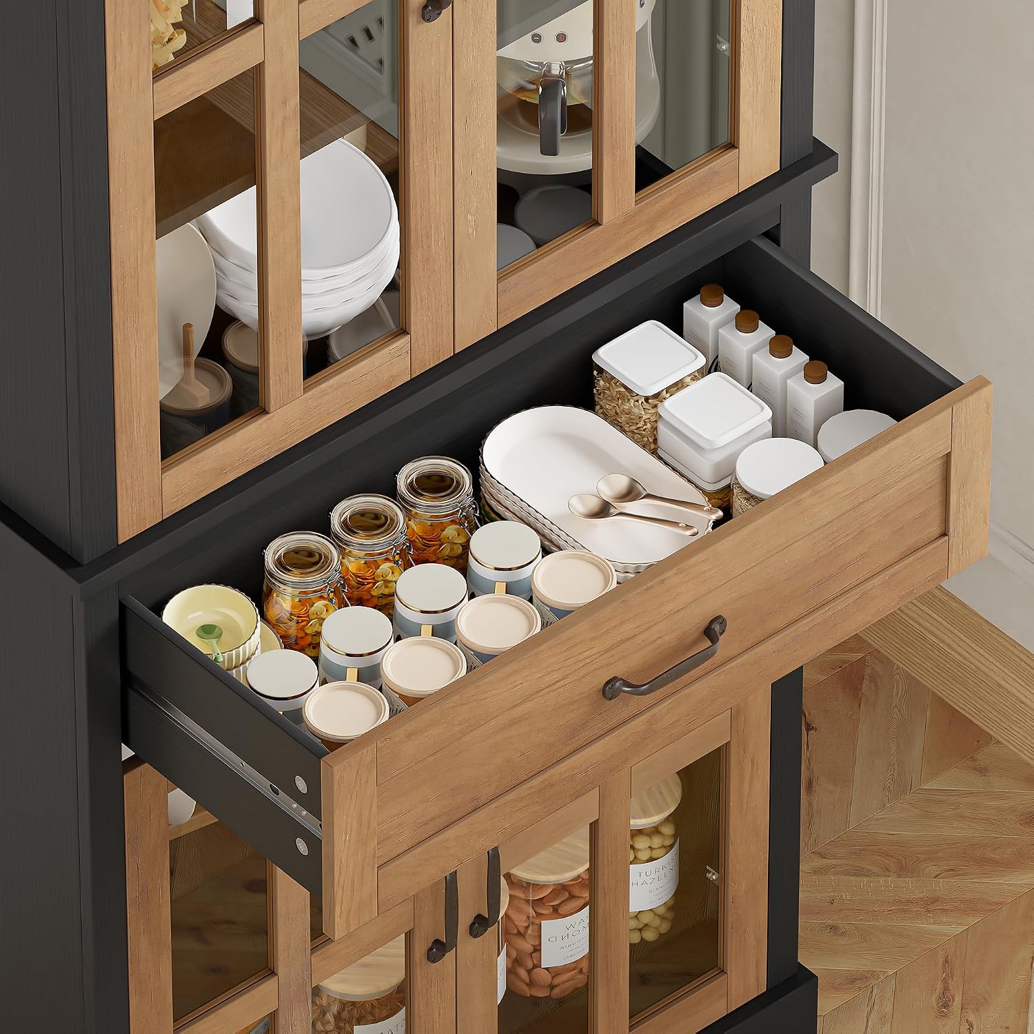 FOTOSOK 71'' Tall Kitchen Cabinet with Glass Doors and Drawer | Freestanding Food Pantry with Adjustable Shelves for Dining, Living Room, Natural