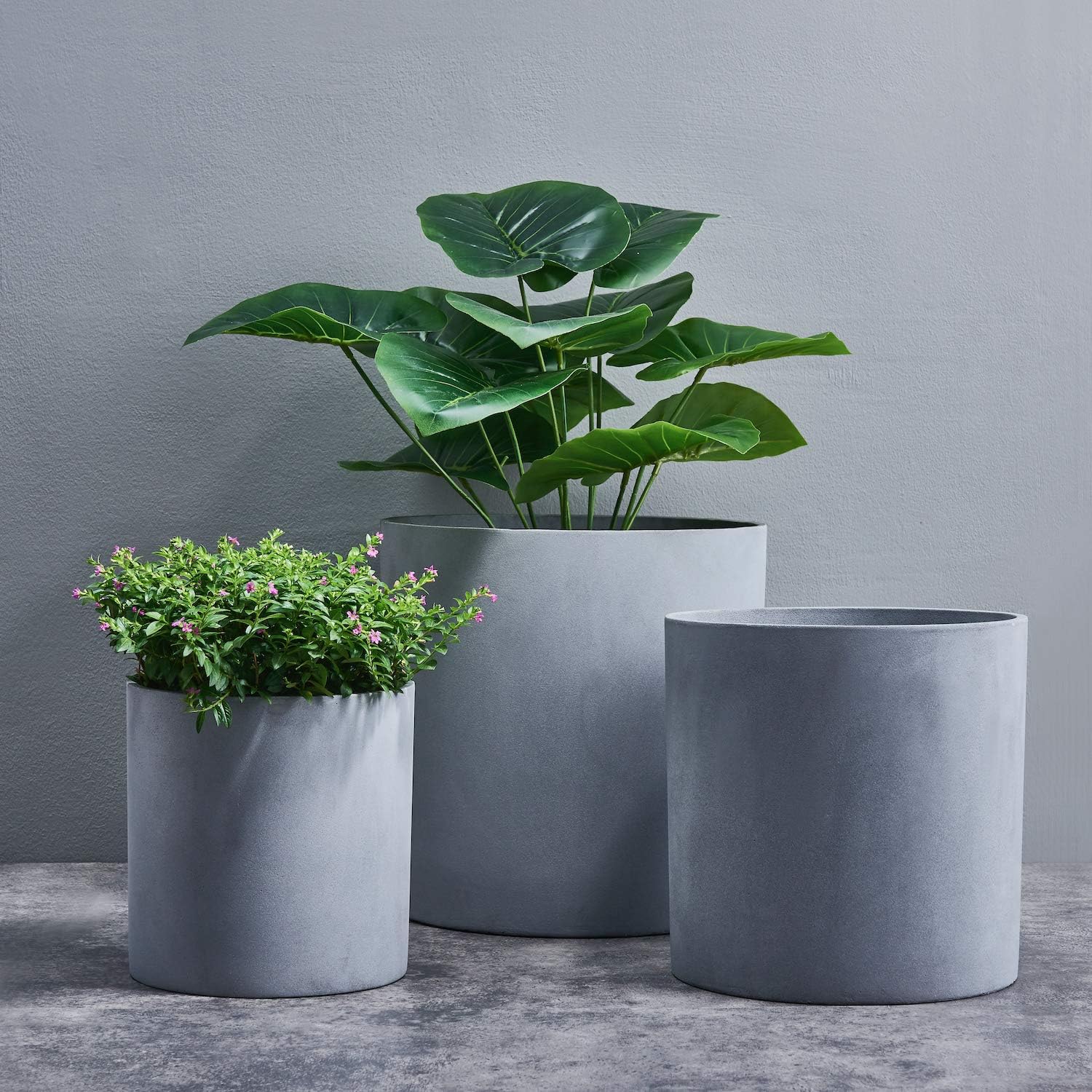 FaithLand 14 Inch Fiberstone Planter - Lightweight Modern Cylinder Plant Pot with Drainage Hole & Plug, Indoor Outdoor Use, Matte White