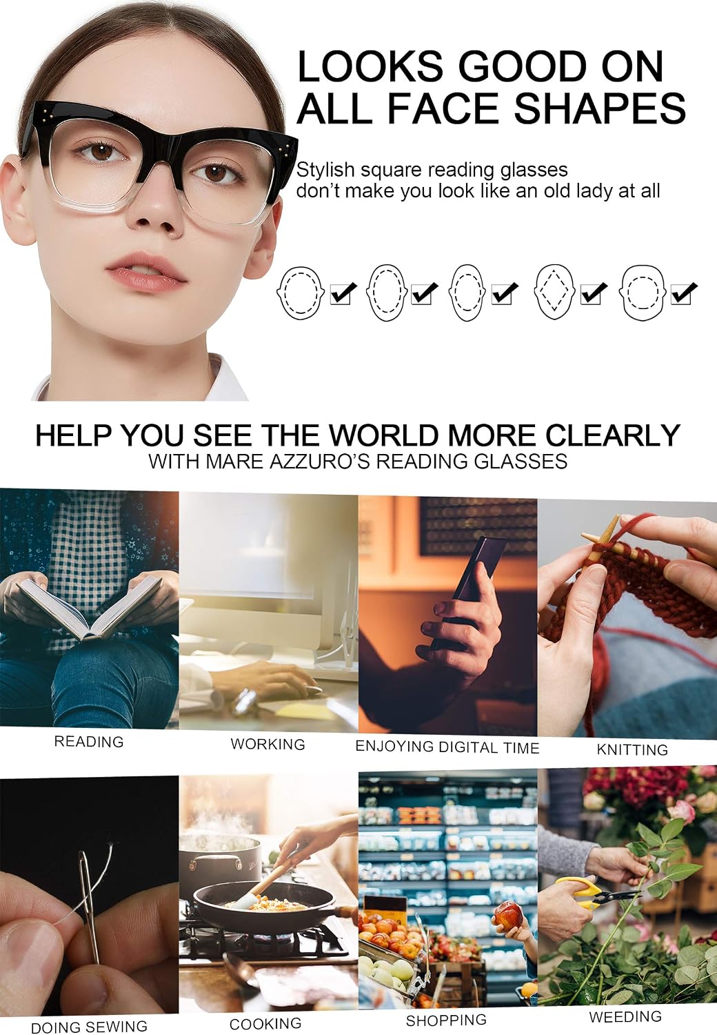 MARE AZZURO Oversized Reading Glasses Women Trendy Large Readers 0 1.0 1.25 1.5 1.75 2.0 2.25 2.5 2.75 3.0 3.5 4.0 5.0 6.0 (Black, 250)