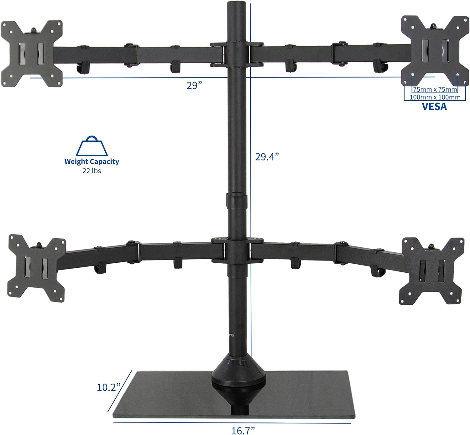 VIVO Black Adjustable Quad Monitor Desk Stand Mount, Free Standing Heavy Duty Glass Base, Holds 4 Screens up to 27 inches, STAND-V004FG