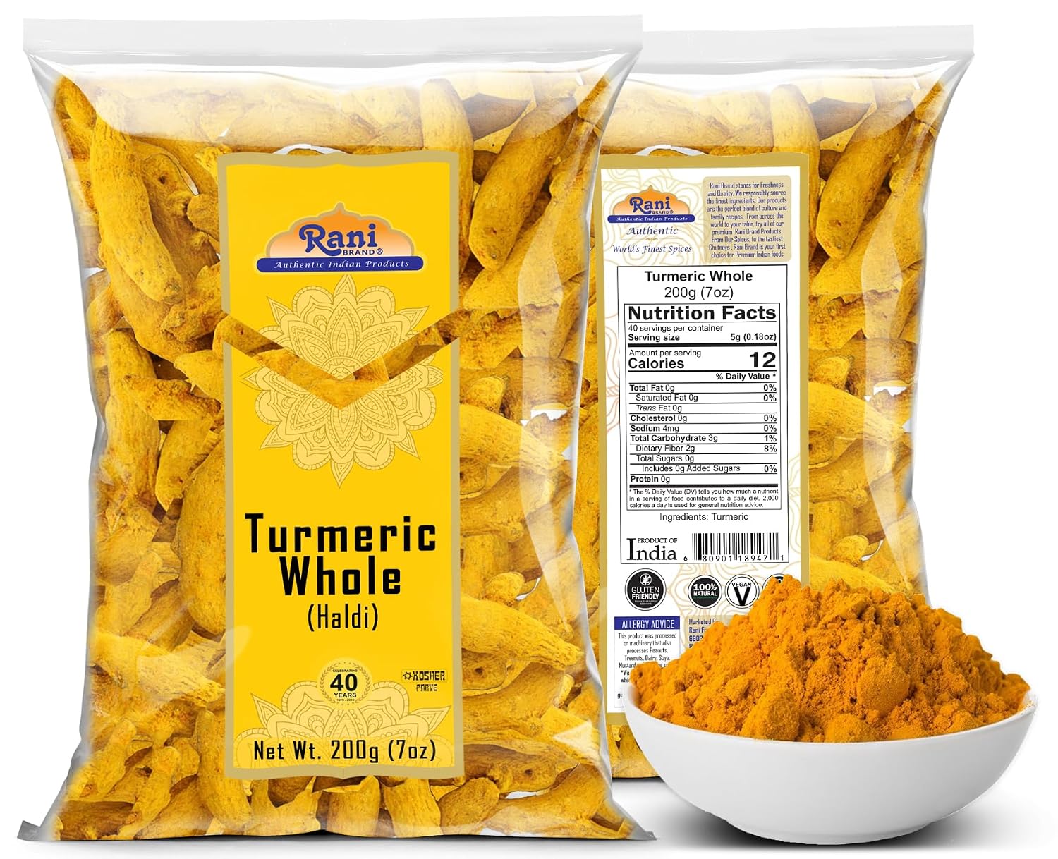 Rani Turmeric (Haldi) Root Whole Spice, Dried 7oz (200g) ~ All Natural | 100% Pure | Vegan | Gluten Friendly | NON-GMO | Kosher | Indian Origin