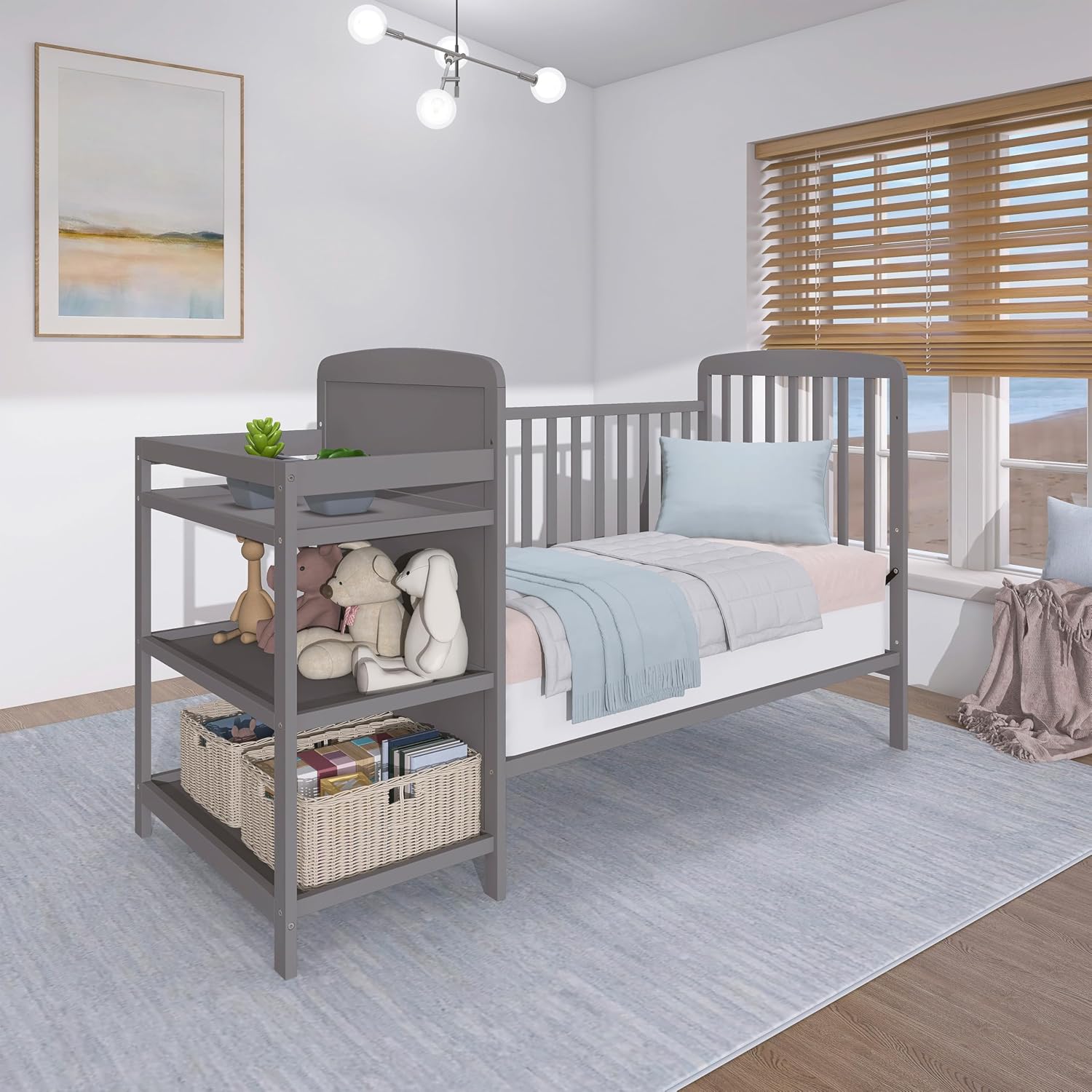 Dream On Me Anna 3-in-1 Convertible Full-Size Baby Crib & Changer with Storage in Steel Grey, GreenGuard Gold & BSA, Pinewood