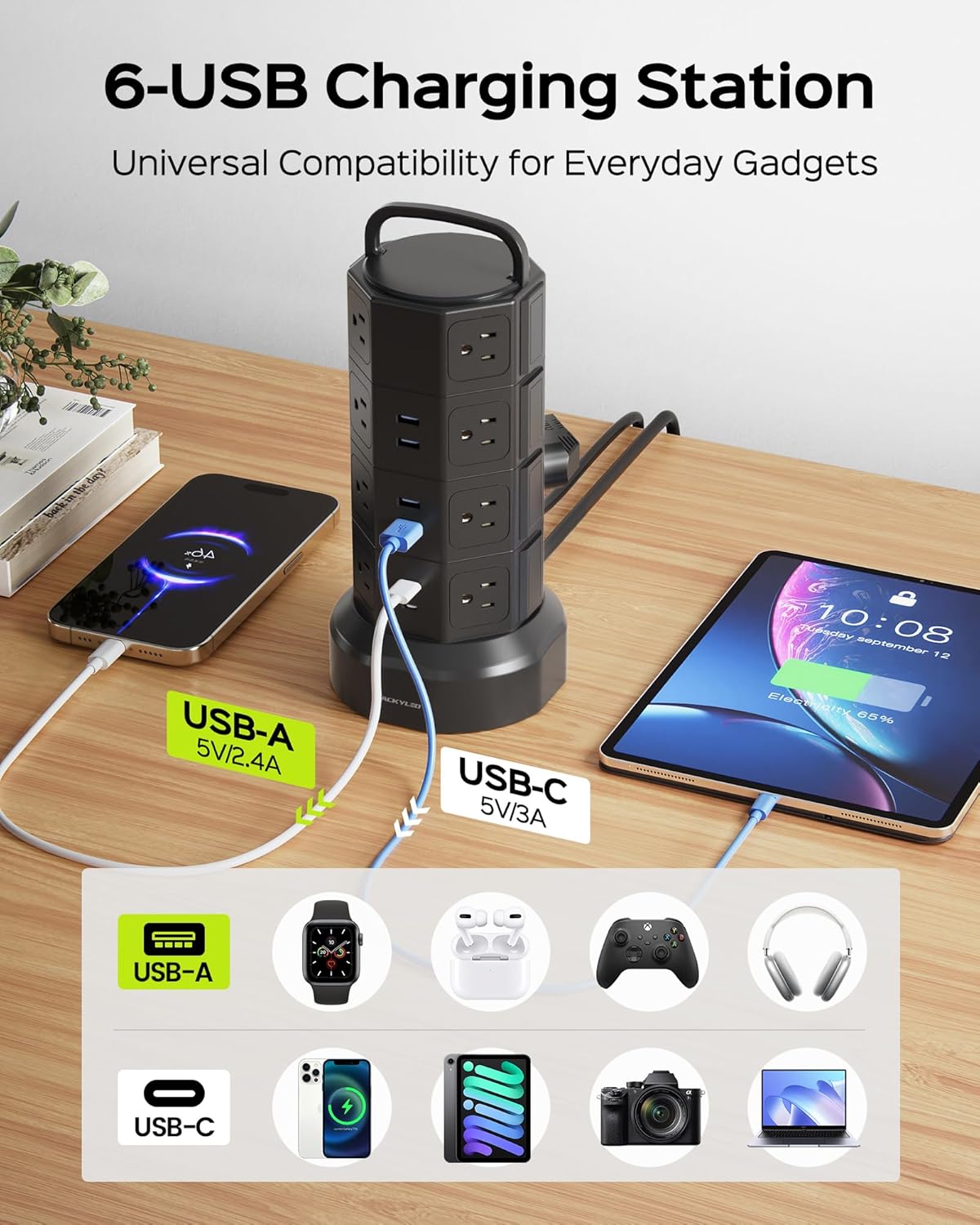 JACKYLED Power Strip Tower Surge Protector, 12 AC 6 USB (2 USB C), 1050J