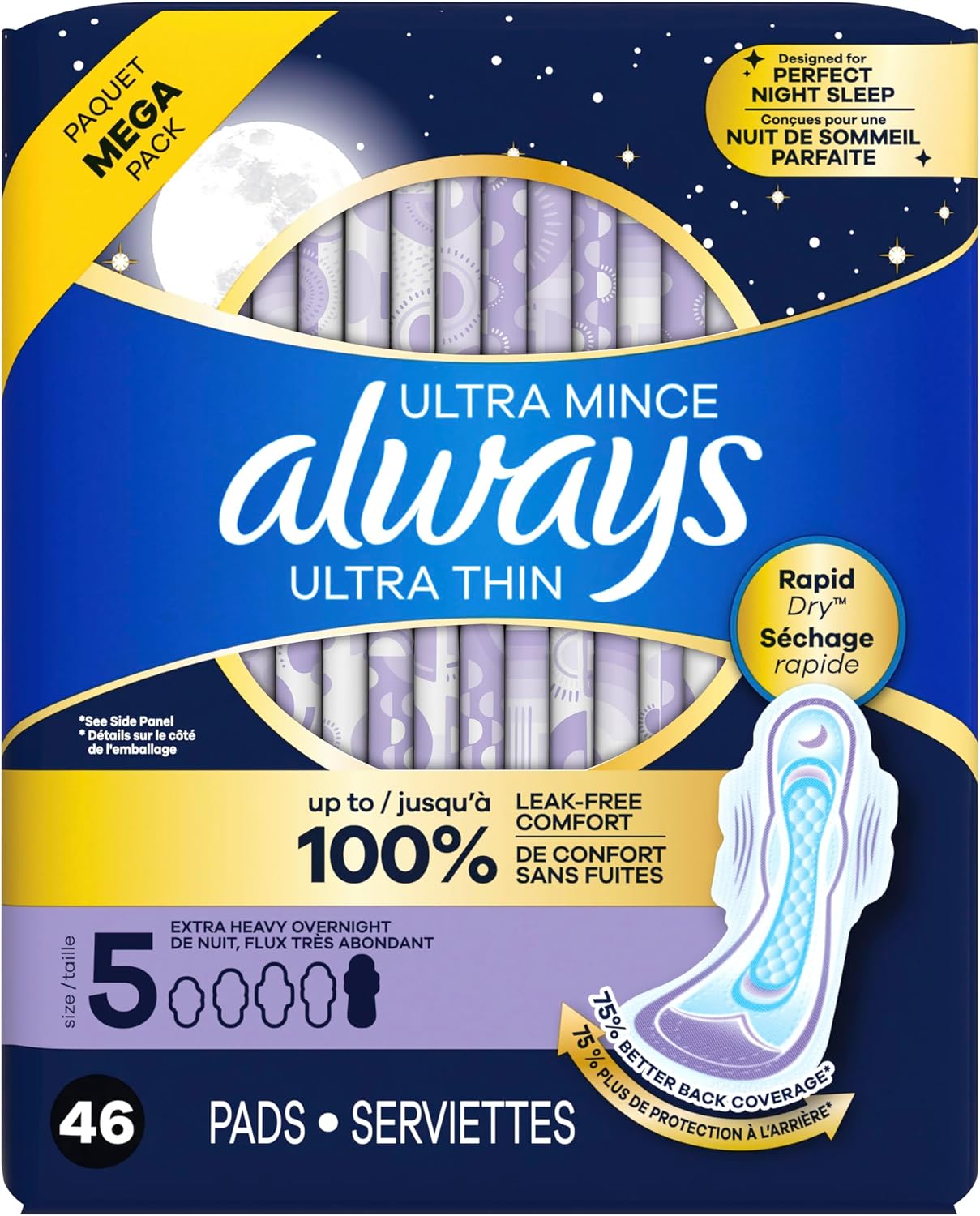 Always Ultra Thin Feminine Pads with Wings for Women, Size 5, Extra Heavy Overnight Absorbency, Unscented, Up to 100% Leak-Free Comfort, 34 Count