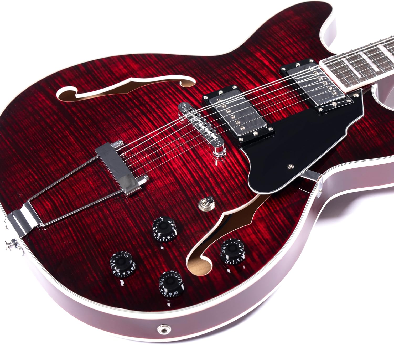 GROTE Jazz Electric Guitar Semi-Hollow Body Trapeze Tailpiece Bridge Guitar Gig Bag (RED)