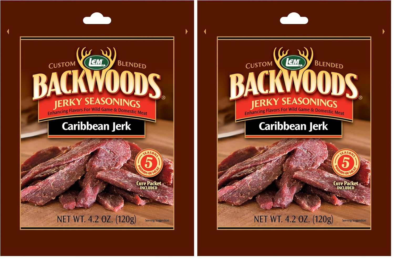 LEM Products Backwoods Caribbean Jerk Jerky Seasoning, 4.2 oz Packet | Pre-Measured Seasoning and Cure for Wild Game and Domestic Meat, Seasons Up to 5 Pounds of Meat for Homemade Jerky