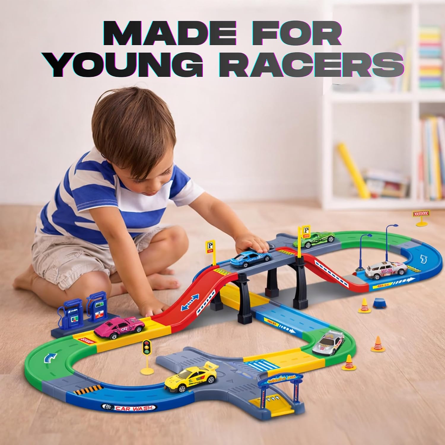 My First Speed Racing Assembly Track Builder Toy Playset - Starter Kit with 6 Diecast Cars, Accessories for Kids