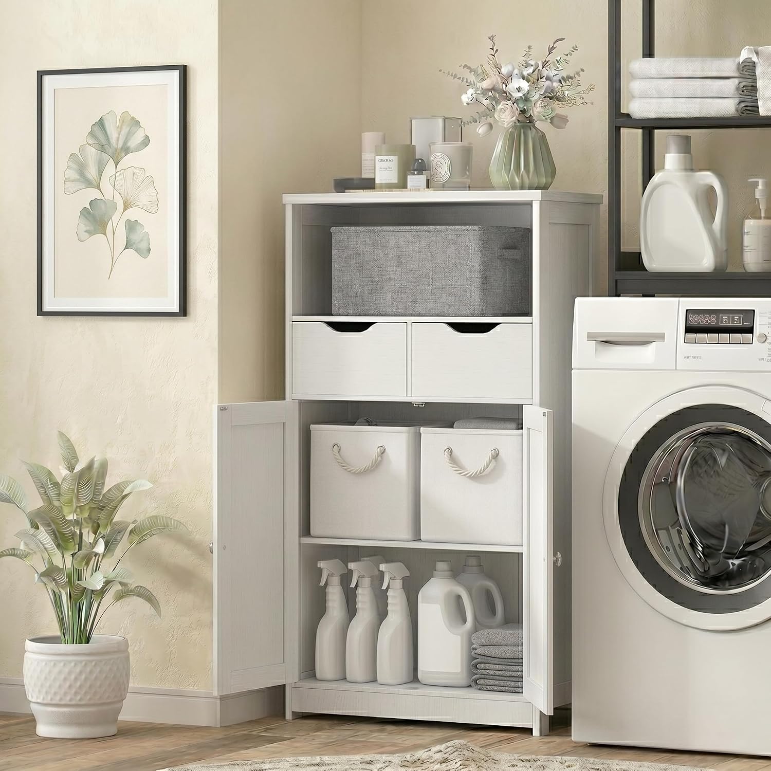 Vongrasig Bathroom Storage Cabinet, 42.5" H Freestanding Floor Cabinet | Wooden Modern Cabinet with 2 Drawers, Open Shelf and Adjustable Shelf for Bathroom, Laundry Room and Entryway, White