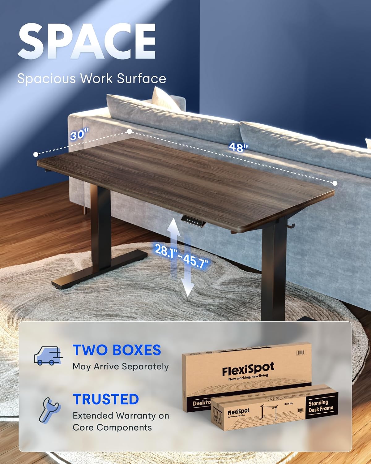 FLEXISPOT EN1 One-Piece Standing Desk, Electric Adjustable with 4 Memory Presets, 176 LBS Capacity, Stable & Quiet
