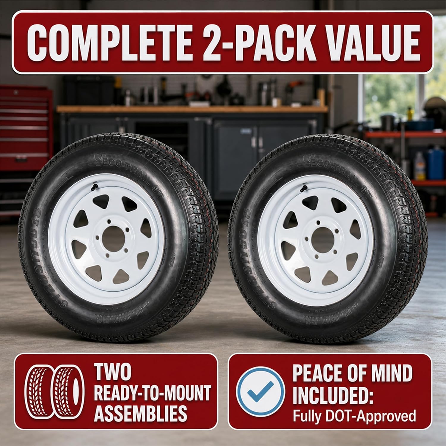 eCustomrim 2-Pack Trailer Tire Rim Assembly ST205/75D15 15 Inch 5 Lug White | Load Range C 6 Ply F78-15 Tire, 5 Bolt On 4.5 Inch Center Steel Wheel