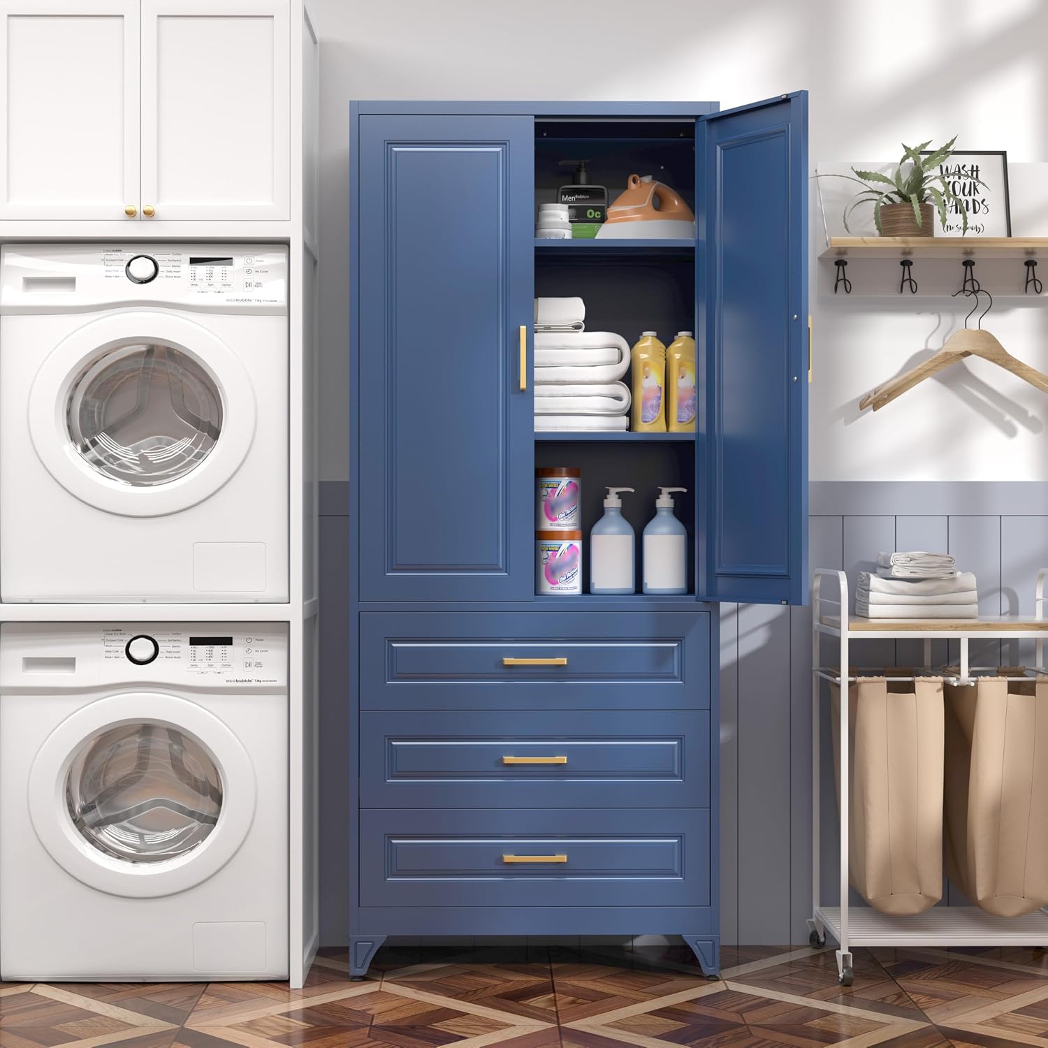 Steeloong 71"Metal Pantry Storage Cabinet with Doors & 4 Adjustable Shelves | Kitchen Pantry Cabinet,White Kitchen Cabinet with 2 Gold Handles,Tall Cabinet for Livingroom,Pantry, Bathroom,Kitchen