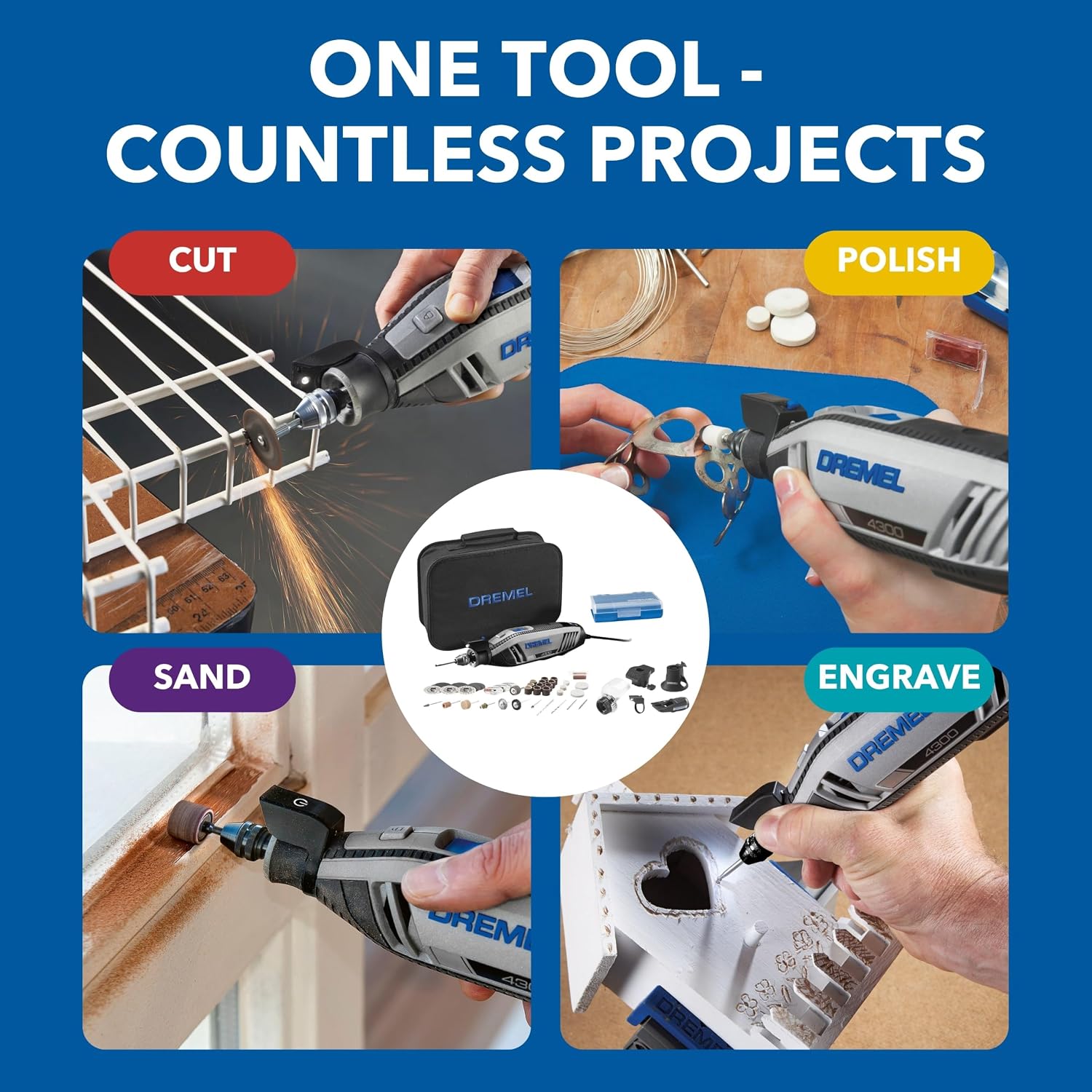 Dremel 4300-9/64 Rotary Tool Kit with Flex Shaft - 9 Attachments & 64 Accessories - Ideal for Engraving, Etching, Sanding, and Polishing