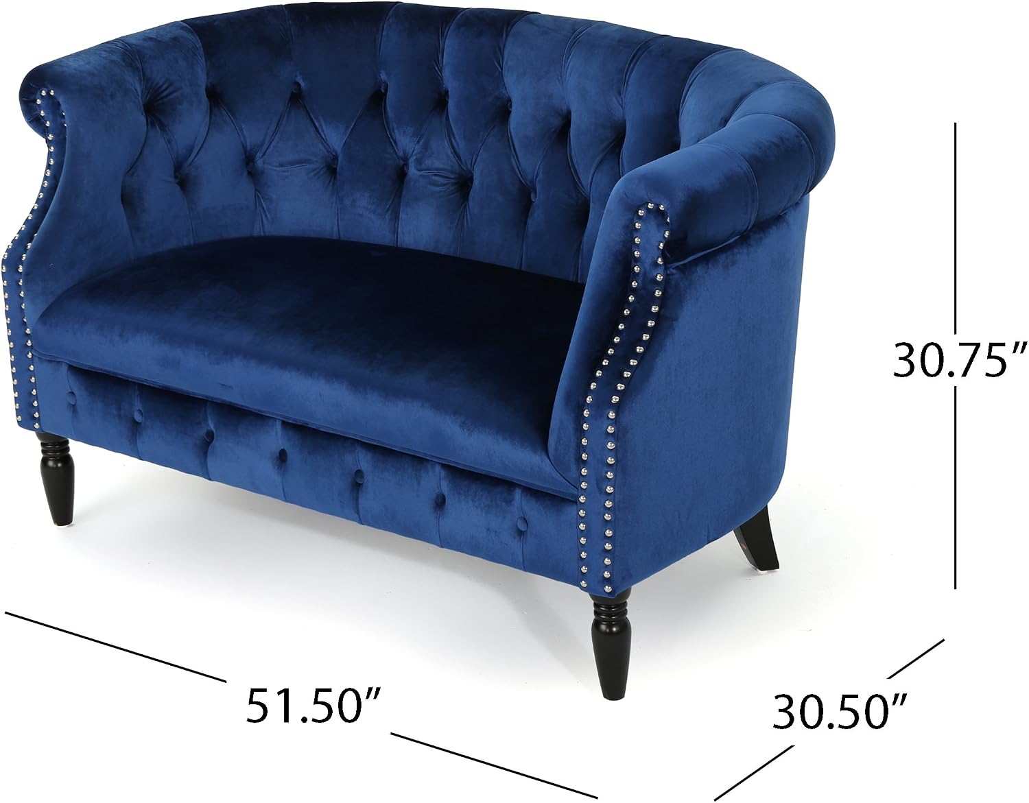 Christopher Knight Home Milani Tufted Scroll Arm Velvet Loveseat, Navy Blue / Dark Brown