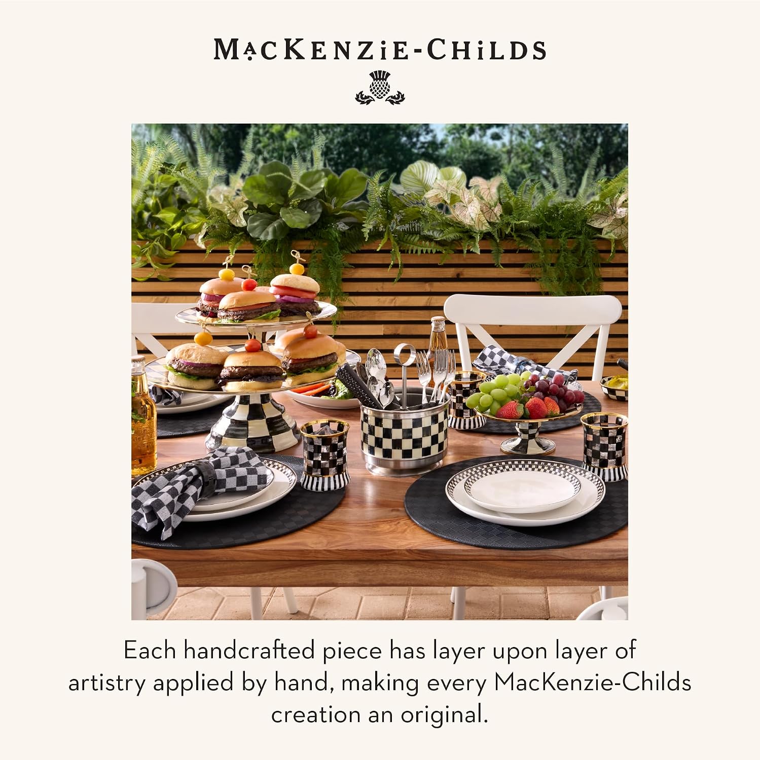 MACKENZIE-CHILDS Pedestal Platter, Mini, Black-and-White Courtly Check | Hand-painted design, made from enameled steel, stackable round cake stand for serving desserts, 8" dia. x 3" H
