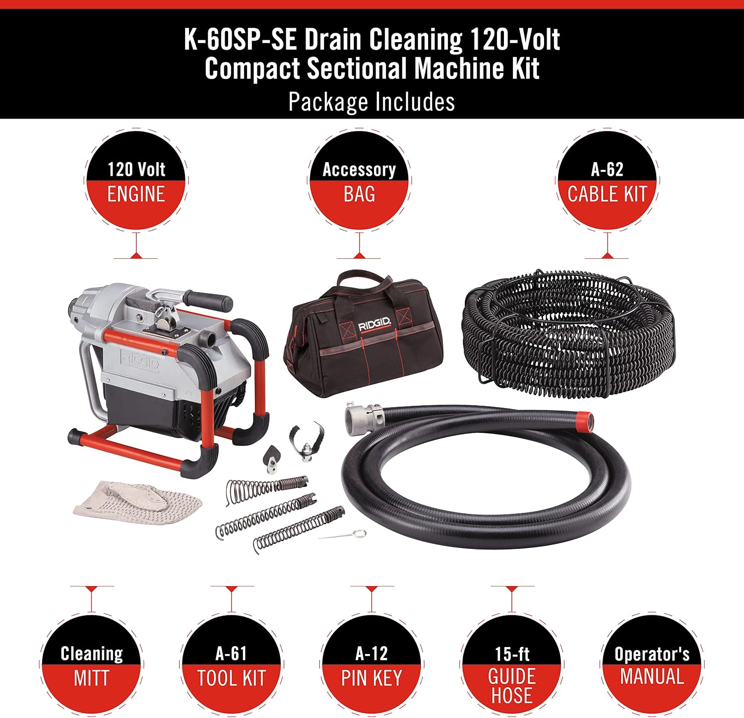 RIDGID 66497 K-60SP-SE Sectional Machine, Sectional Sewer Machine with A-61 Auger Tool Kit and A-62 Drain Cable Kit, Drain Cleaner Machine