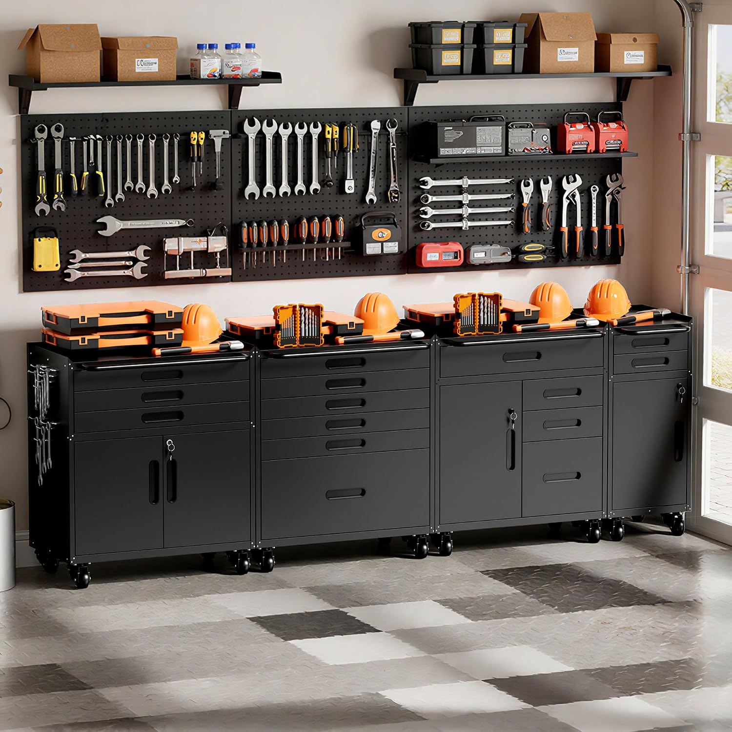 Garage Cabinets,Metal Garage Storage Cabinet with Wheels,Black Lockable Rolling Tool Cabinet with Drawer and Adjustable Shelves,Heavy Duty Tool Chest for Home Office Utility Room